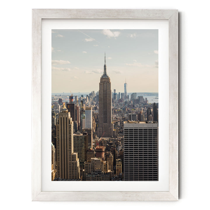 Empire State Building at Sunset, New York City – fine art print in a silver frame with white mat