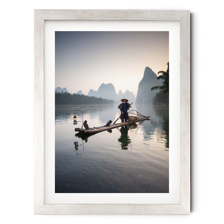 The Cormorant Fisherman, Myanmar – fine art print in a silver frame with white mat
