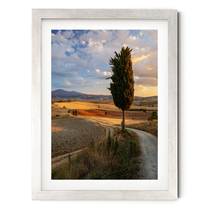 Tuscany at Sunset, Italy – fine art print in a silver frame with white mat