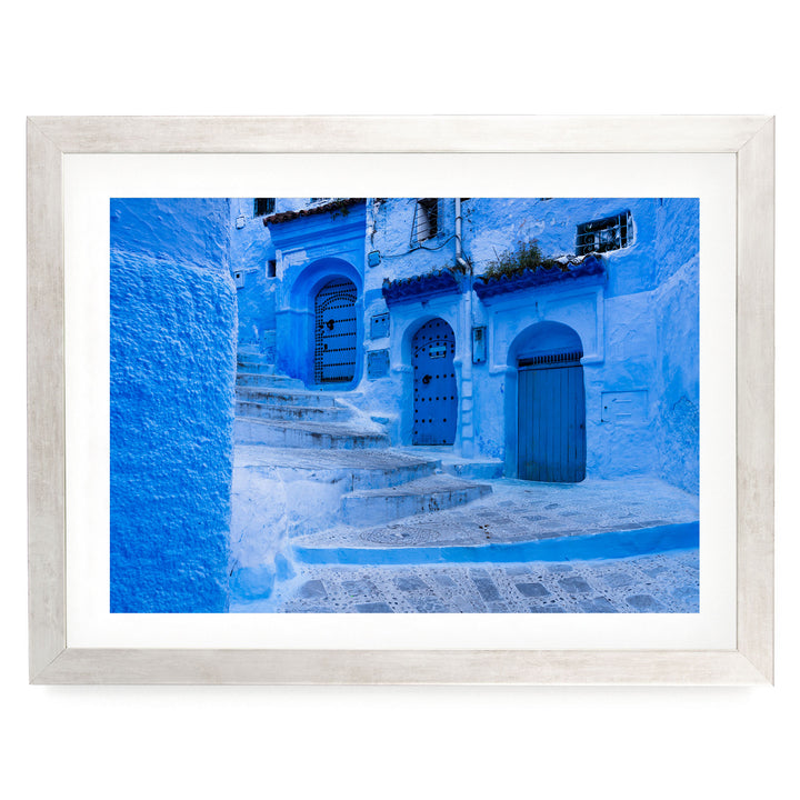 In the Streets of Chefchaouen, Morocco – fine art print in a silver frame with white mat