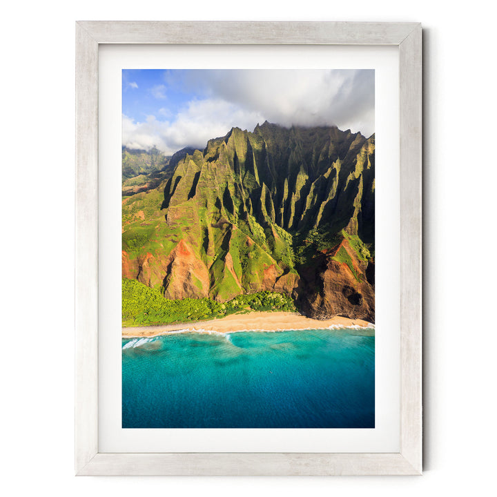 Kauai Cliffs III, Na Pali Coast, Hawaii – fine art print in a silver frame with white mat