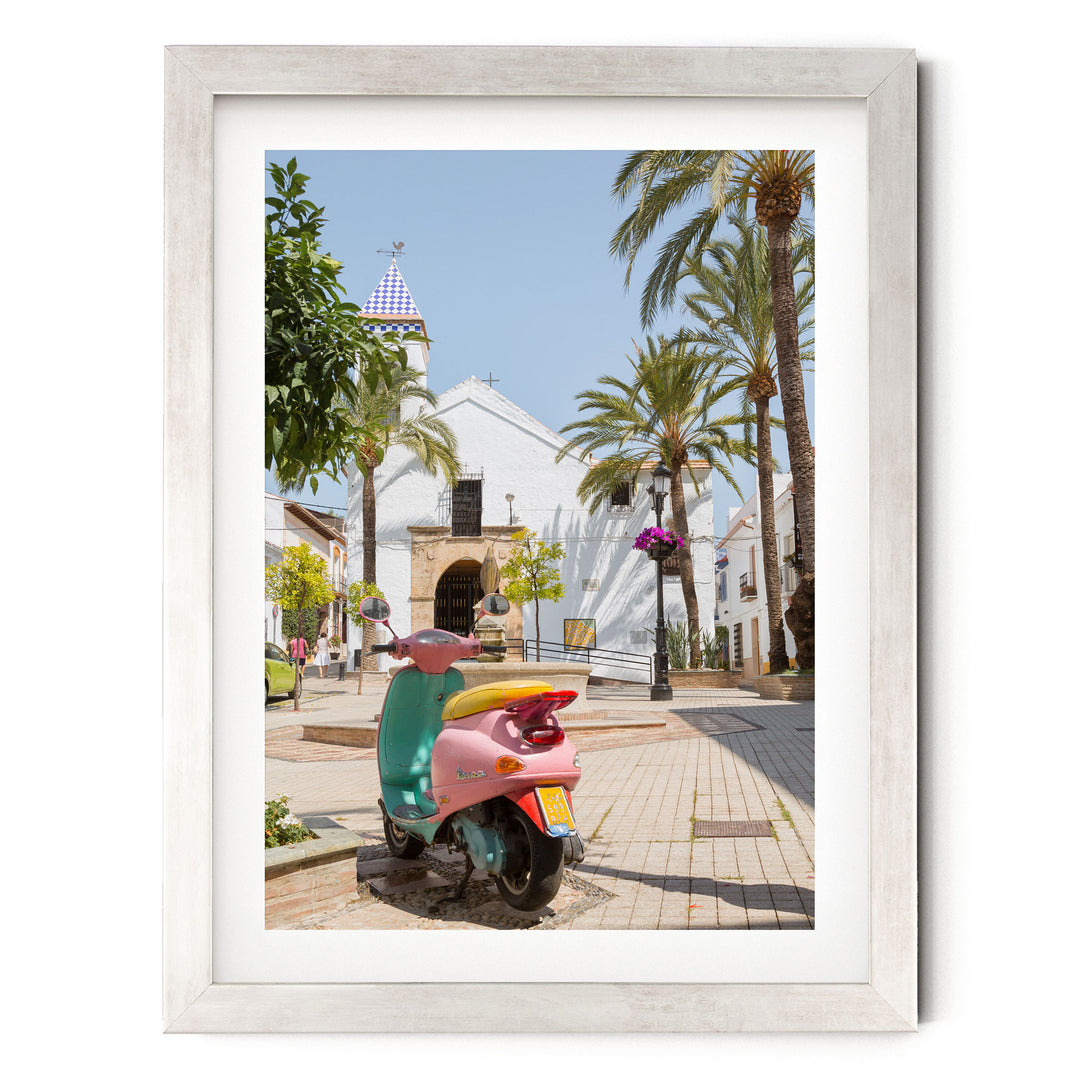 Colourful Vespa, Marbella, Spain – fine art print in a silver frame with white mat