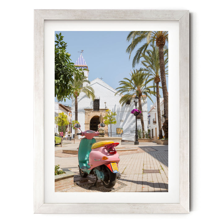 Colourful Vespa, Marbella, Spain – fine art print in a silver frame with white mat