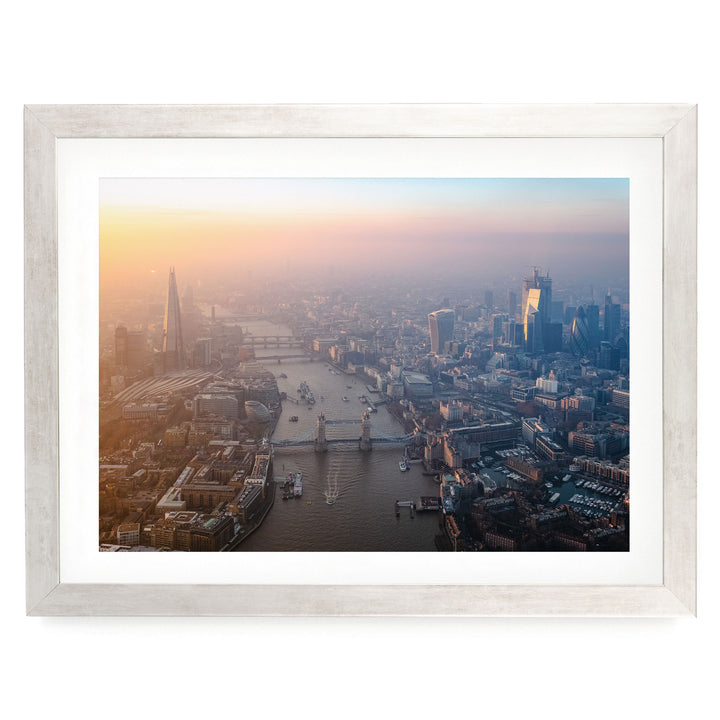 London Aerial II, England – fine art print in a silver frame with white mat