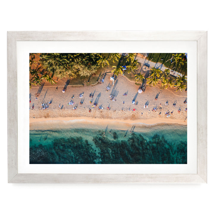 Waikiki Beach Aerial, Honolulu, Hawaii – fine art print in a silver frame with white mat