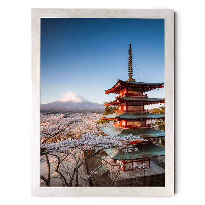 Pagoda and Mount Fuji II, Japan – fine art print in a silver frame, no mat