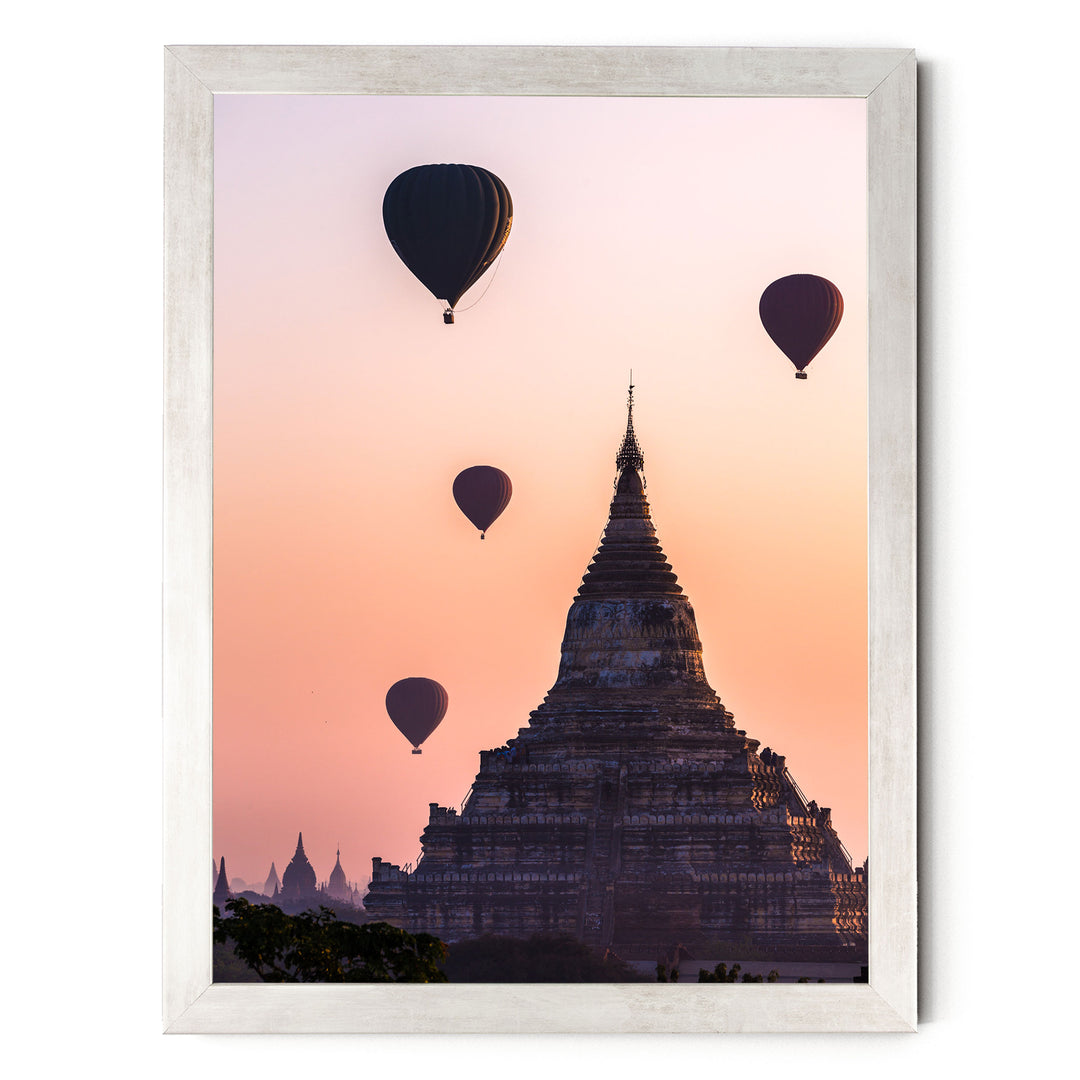 Balloons Flying over Bagan I, Myanmar – fine art print in a silver frame, no mat