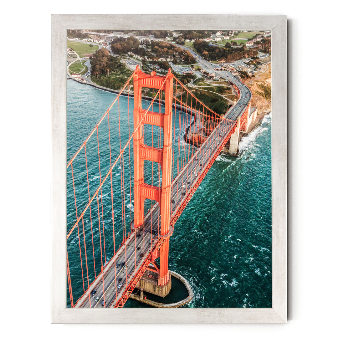 Flying over the Golden Gate Bridge I, San Francisco – fine art print in a silver frame, no mat