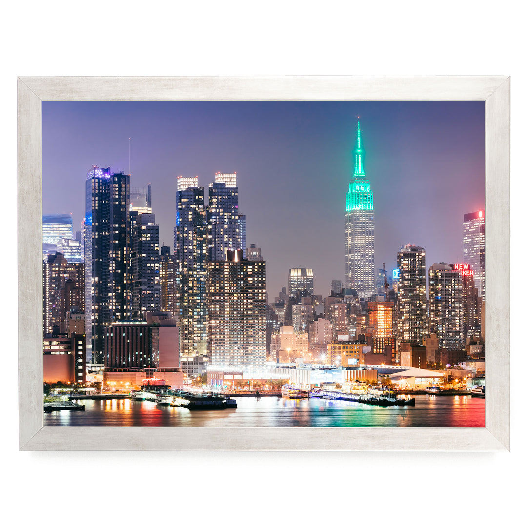 New York Skyline at Night – fine art print in a silver frame, no mat