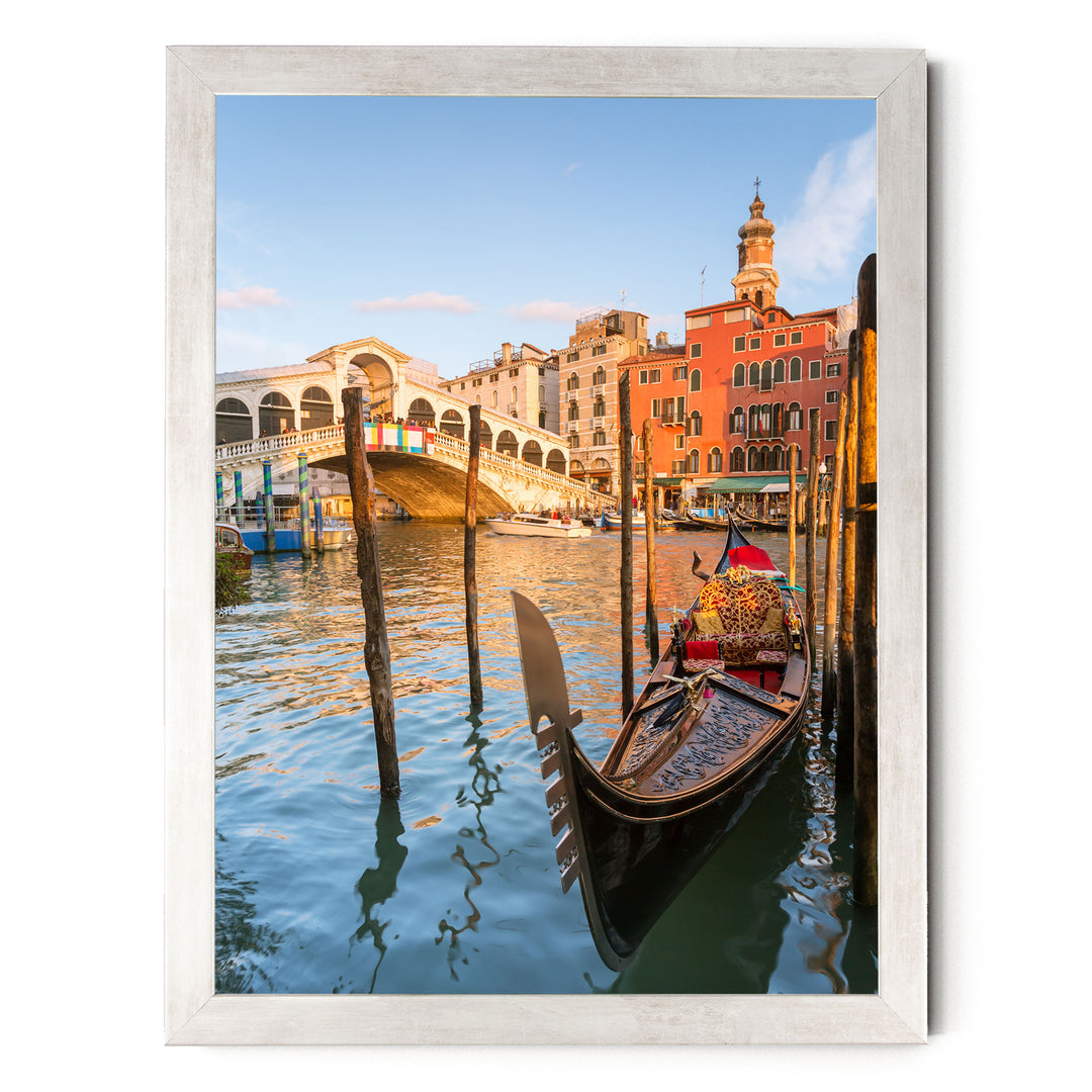Gondola at the Rialto, Venice, Italy – fine art print in a silver frame, no mat