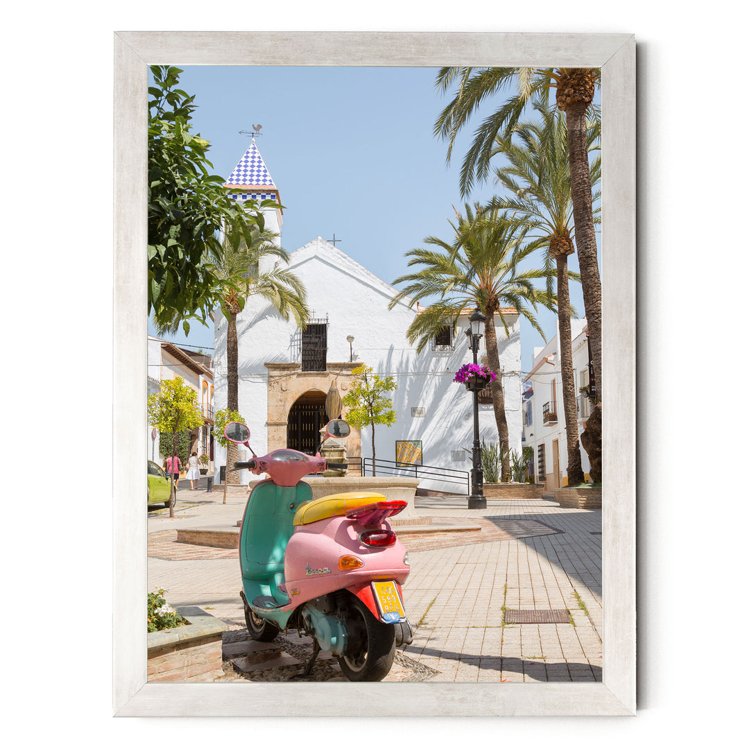 Colourful Vespa, Marbella, Spain – fine art print in a silver frame, no mat