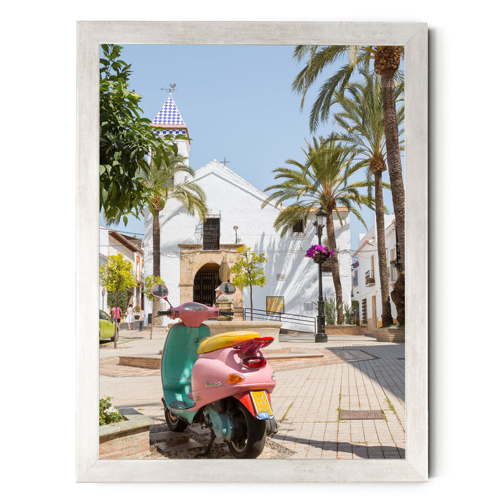 Colourful Vespa, Marbella, Spain – fine art print in a silver frame, no mat