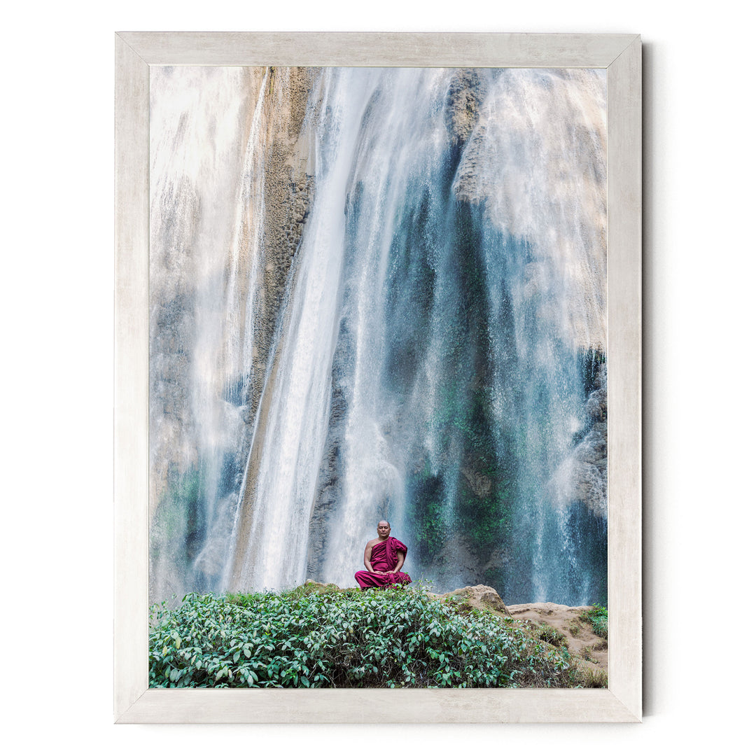 Meditation under the Waterfall, Myanmar – fine art print in a silver frame, no mat