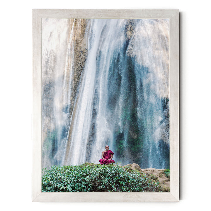 Meditation under the Waterfall, Myanmar – fine art print in a silver frame, no mat