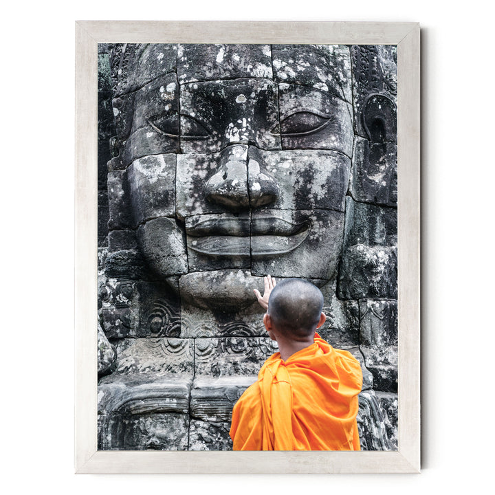 Monk at Bayon Temple, Angkor, Cambodia – fine art print in a silver frame, no mat