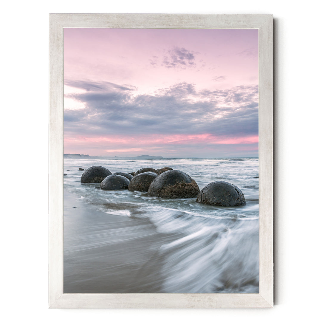 Moeraki Boulders II, New Zealand – fine art print in a silver frame, no mat