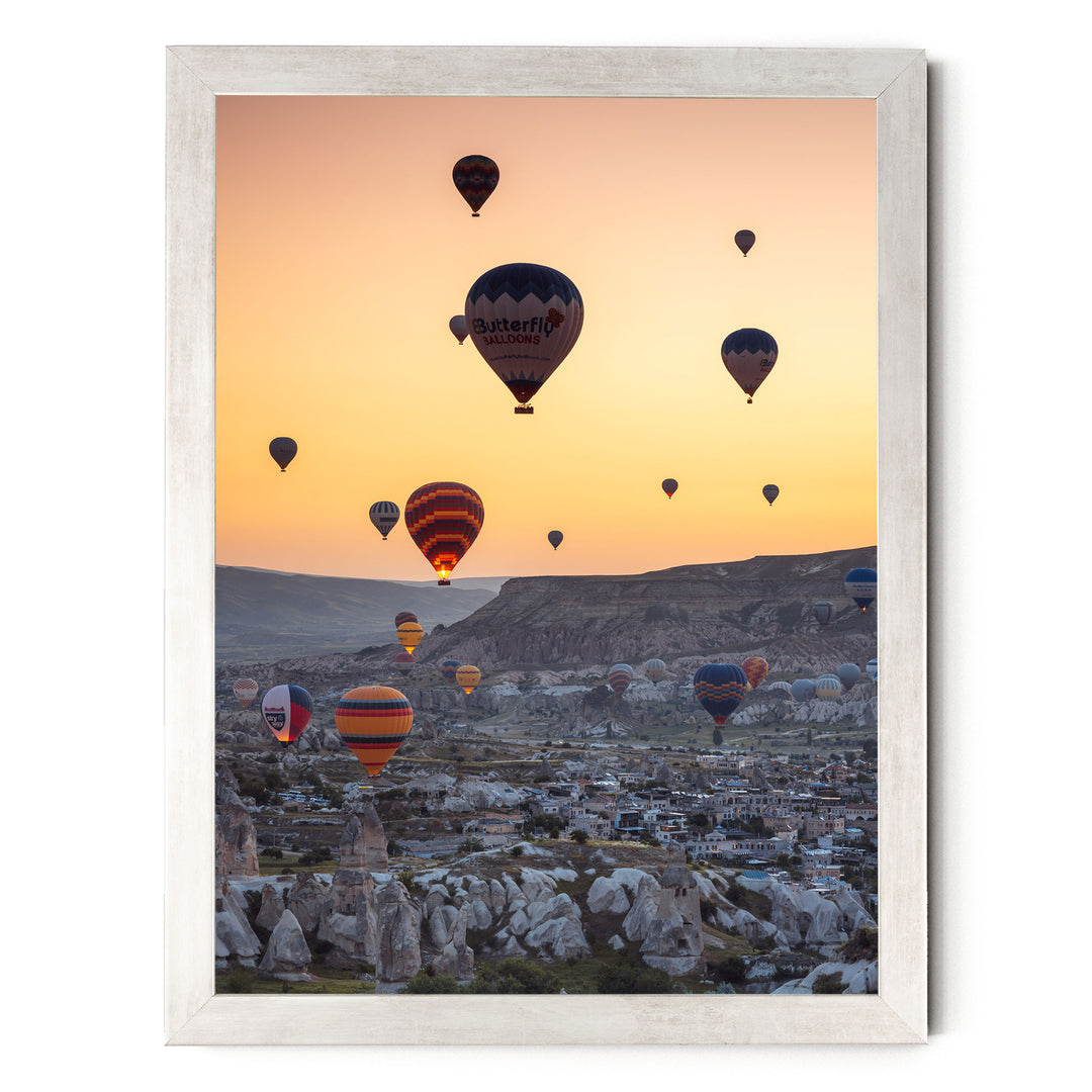 Hot Air Balloons over Cappadocia I, Turkey – fine art print in a silver frame, no mat