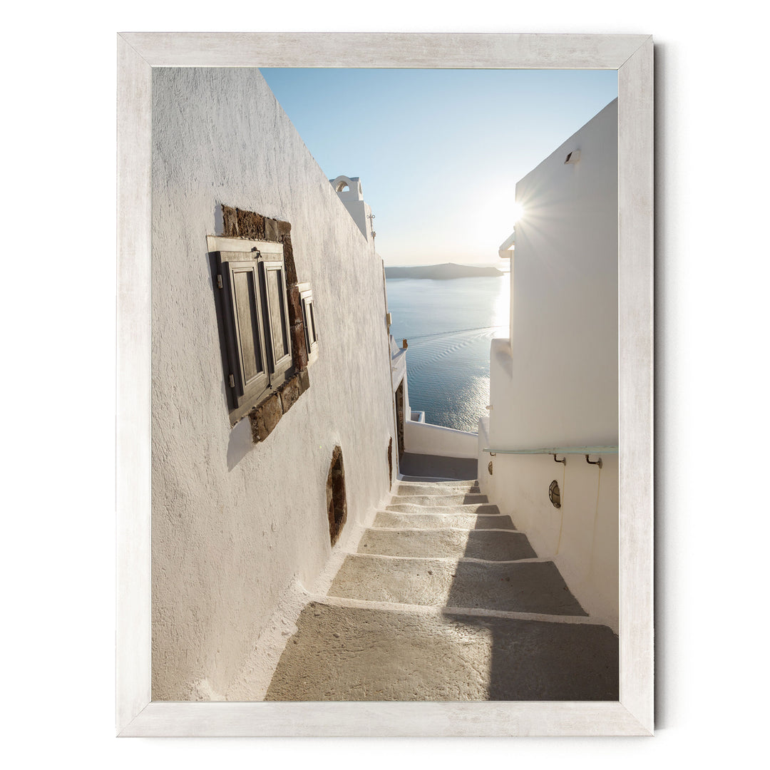 Walking in Oia, Santorini, Greece – fine art print in a silver frame, no mat