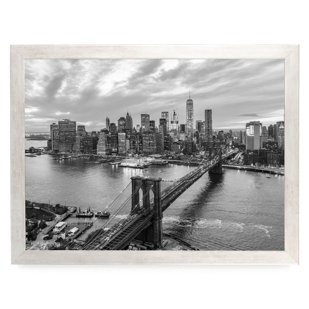 Manhattan and Brooklyn Bridge, New York City – B&amp;W – fine art print in a silver frame, no mat