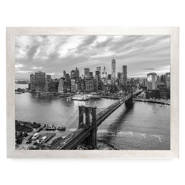 Manhattan and Brooklyn Bridge, New York City – B&amp;W – fine art print in a silver frame, no mat