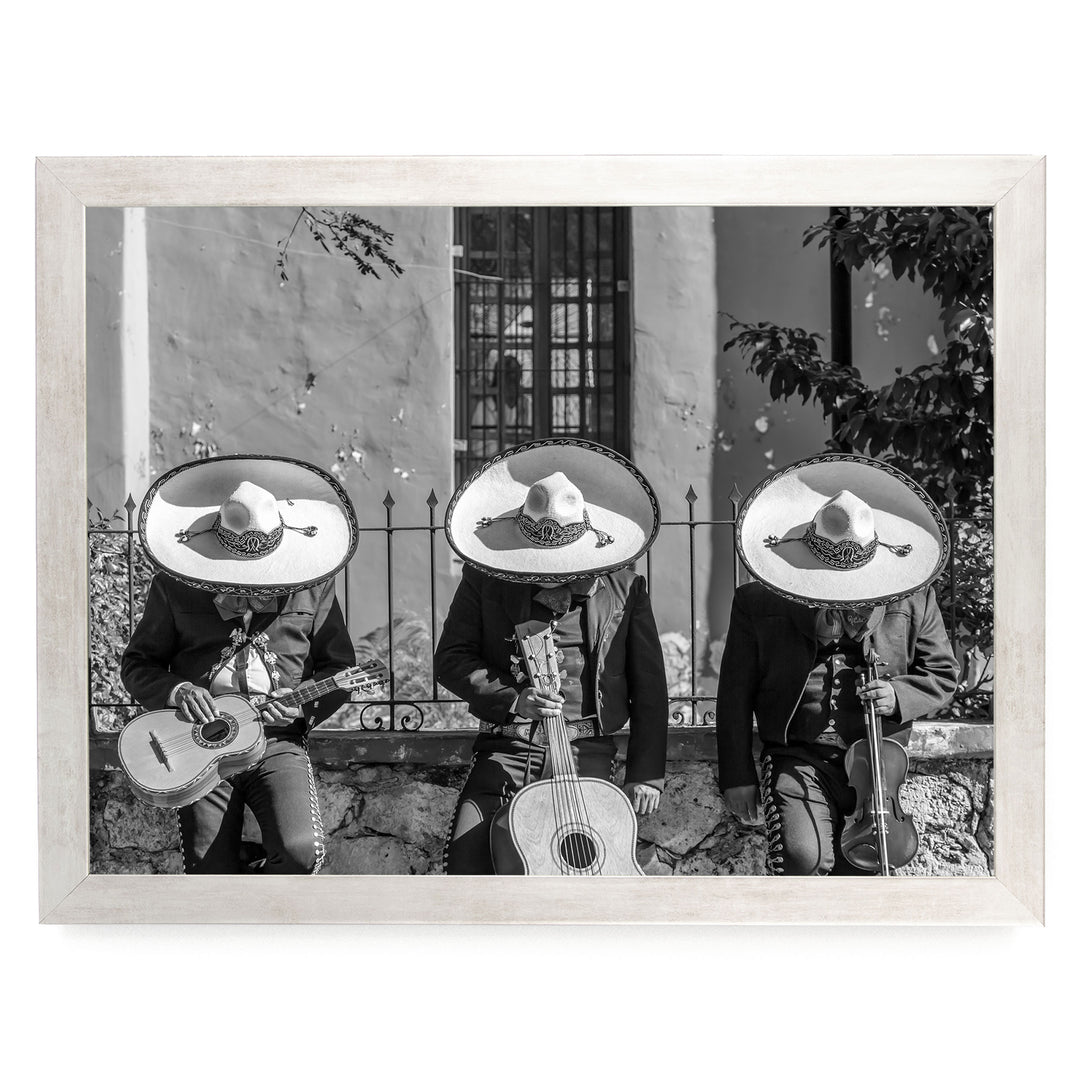 Mariachis Siesta, Yucatan, Mexico – B&amp;W – fine art print in a silver frame, no mat