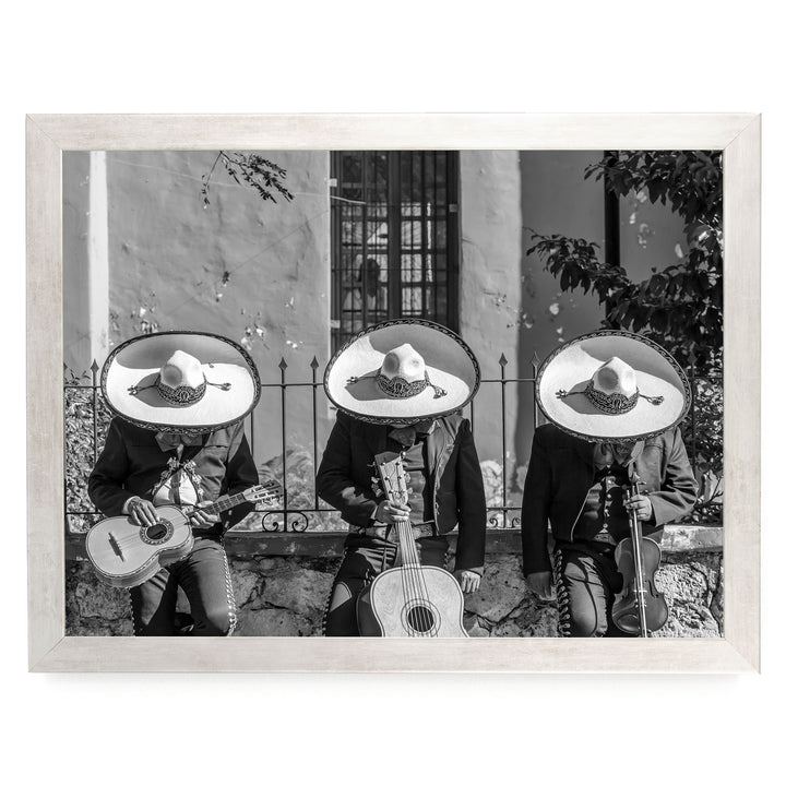 Mariachis Siesta, Yucatan, Mexico – B&amp;W – fine art print in a silver frame, no mat