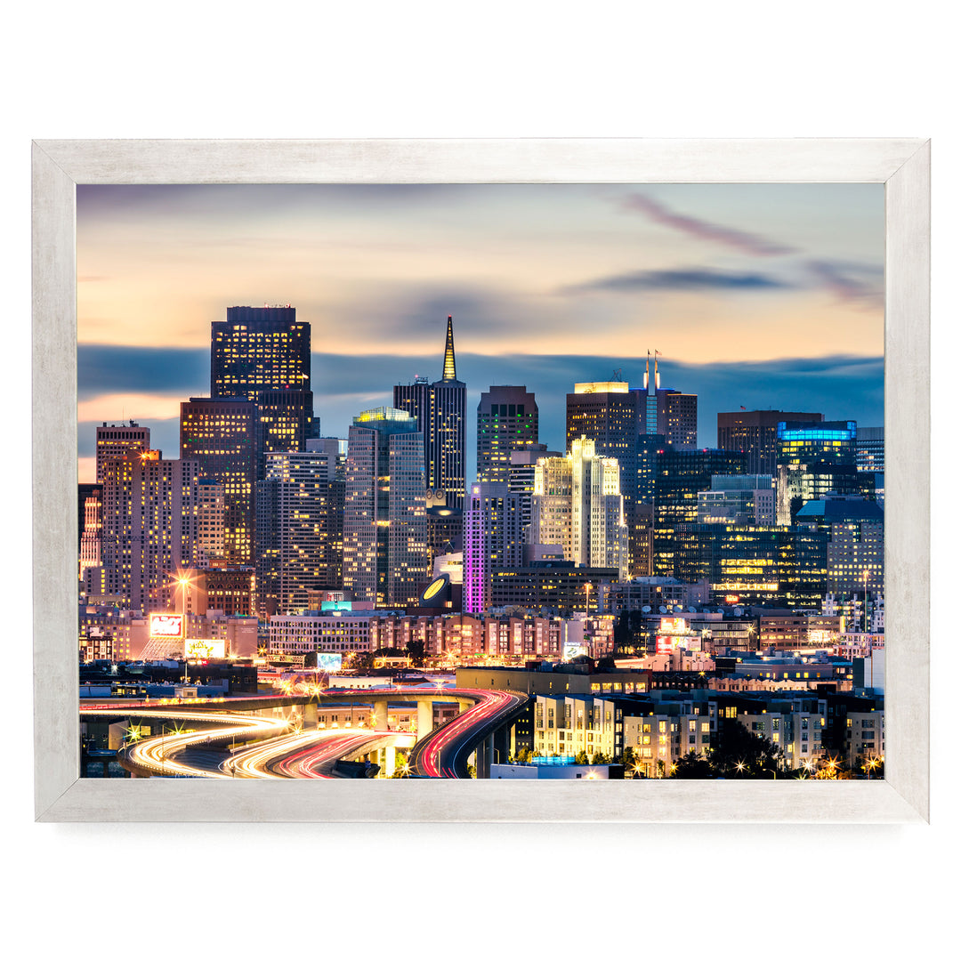 San Francisco Skyline at Night, California – fine art print in a silver frame, no mat