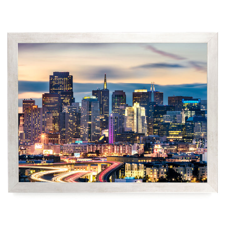 San Francisco Skyline at Night, California – fine art print in a silver frame, no mat