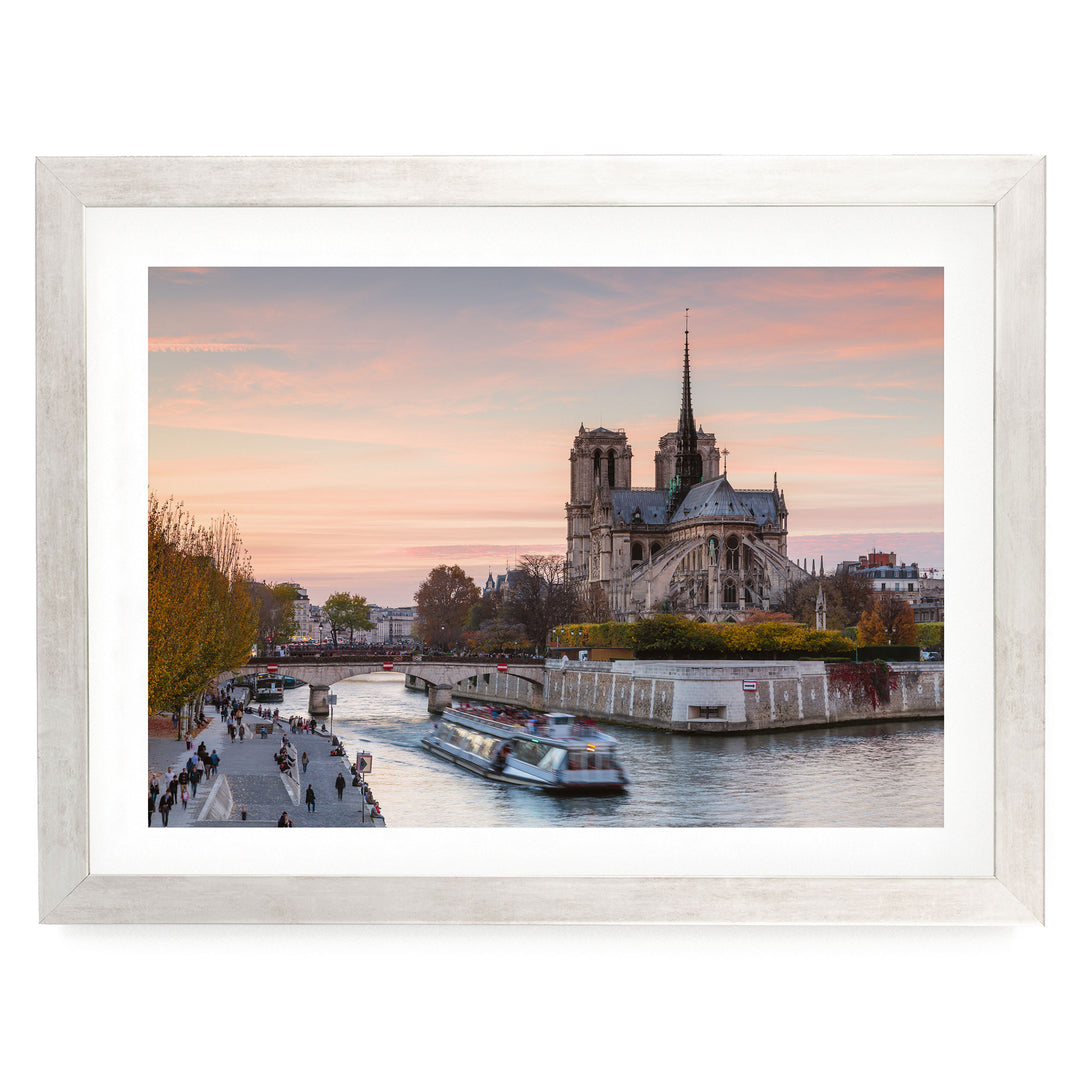 Notre-Dame at Sunset, Paris, France – fine art print in a silver frame with white mat