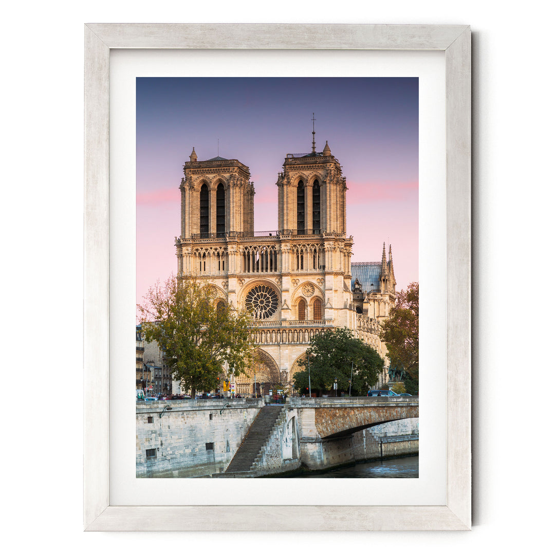Sunset over Notre-Dame, Paris, France – fine art print in a silver frame with white mat