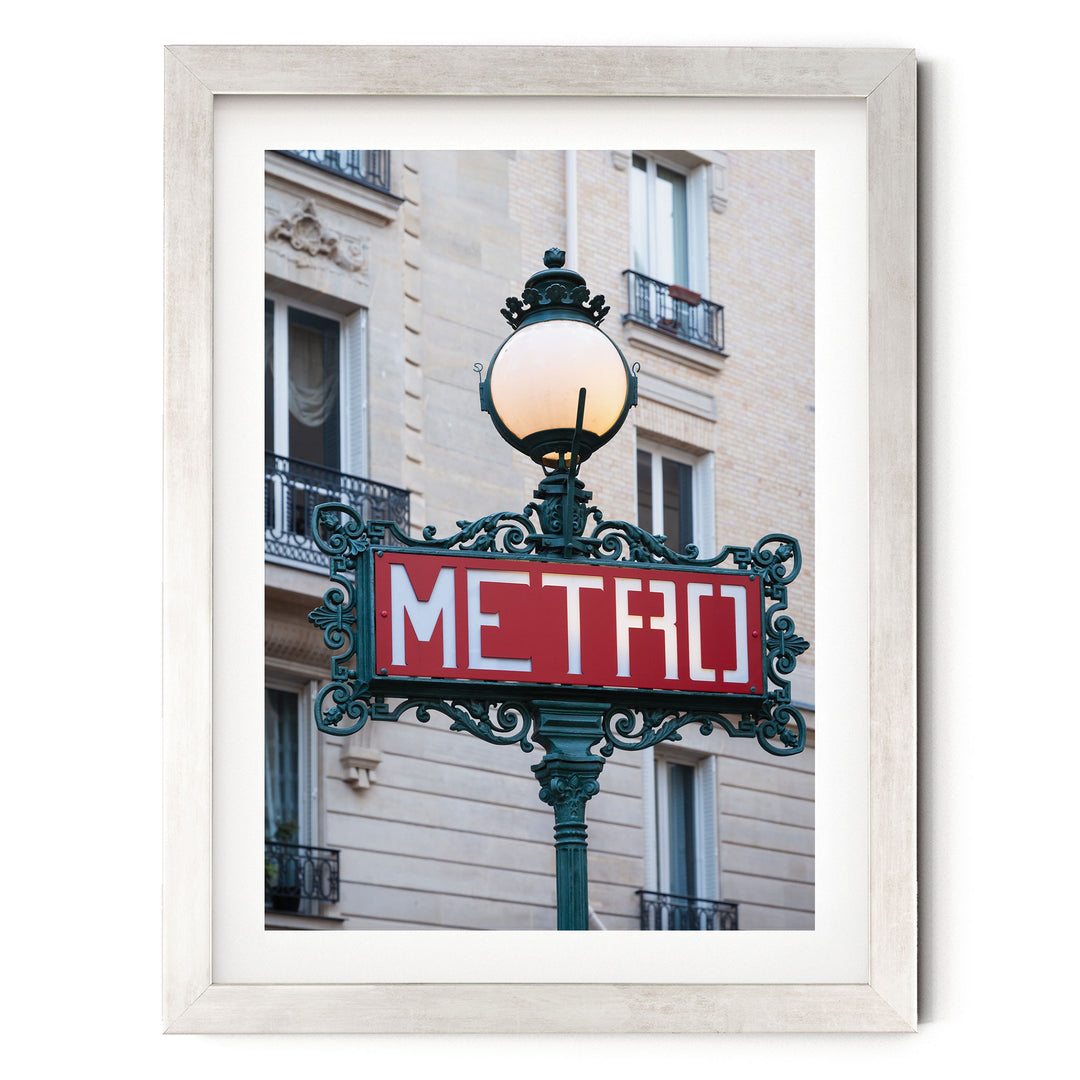 Metro Sign, Paris I, France – fine art print in a silver frame with white mat