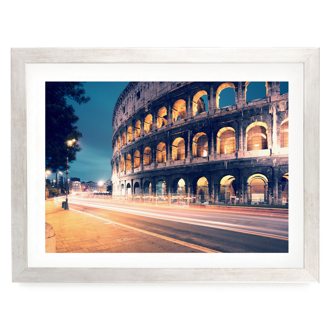 Night at the Colosseum, Rome, Italy – fine art print in a silver frame with white mat