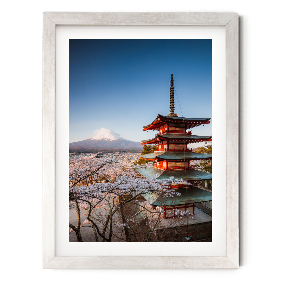 Pagoda and Mount Fuji II, Japan – fine art print in a silver frame with white mat