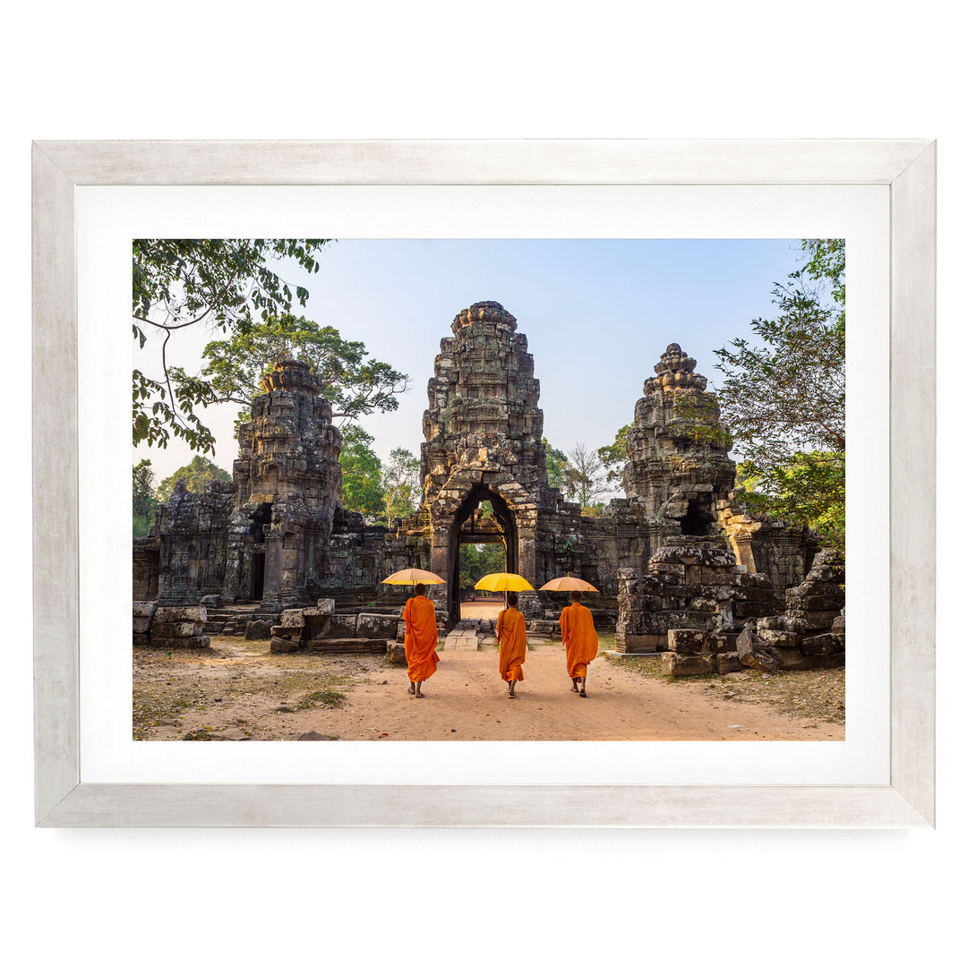 Monks at Angkor Wat, Cambodia – fine art print in a silver frame with white mat