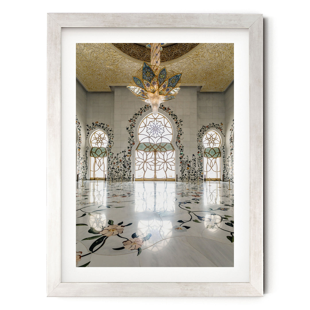 Grand Mosque Interior, Abu Dhabi, UAE – fine art print in a silver frame with white mat