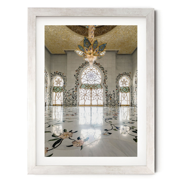 Grand Mosque Interior, Abu Dhabi, UAE – fine art print in a silver frame with white mat