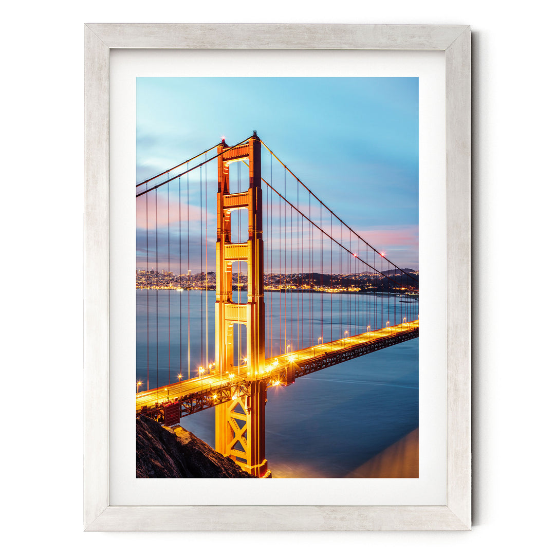 Dawn at the Golden Gate II, San Francisco, California – fine art print in a silver frame with white mat