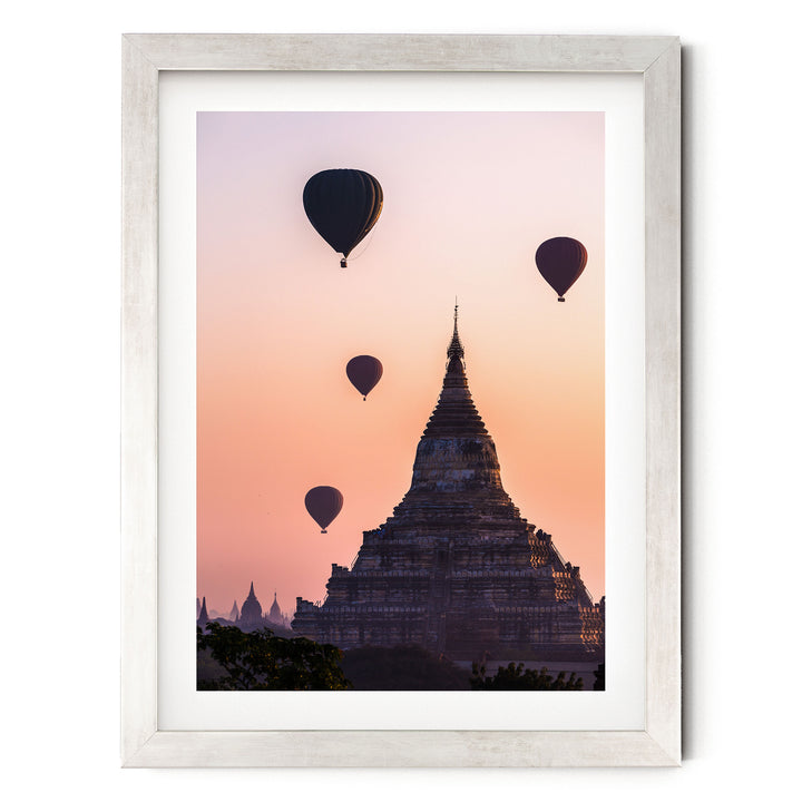 Balloons Flying over Bagan I, Myanmar – fine art print in a silver frame with white mat