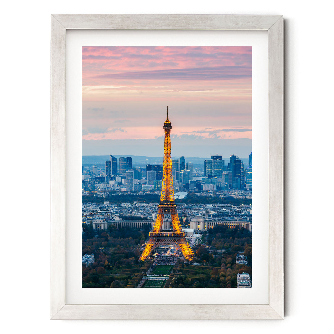 Eiffel Tower at Sunset, Paris, France – fine art print in a silver frame with white mat