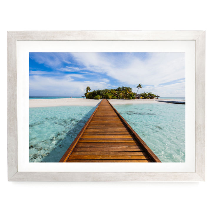 Jetty to the Island, Maldives – fine art print in a silver frame with white mat