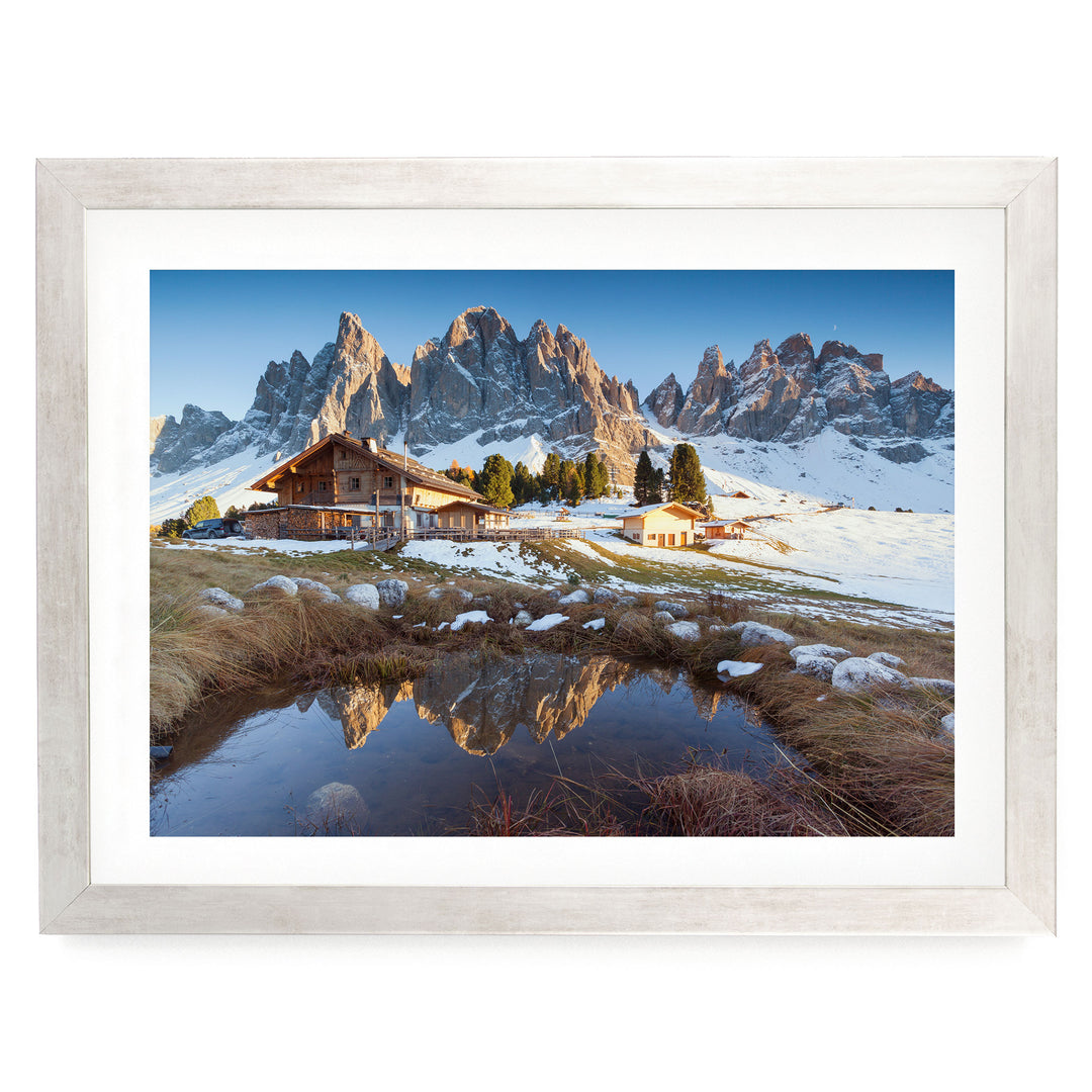 Mountain Hut, Dolomites, Italy – fine art print in a silver frame with white mat