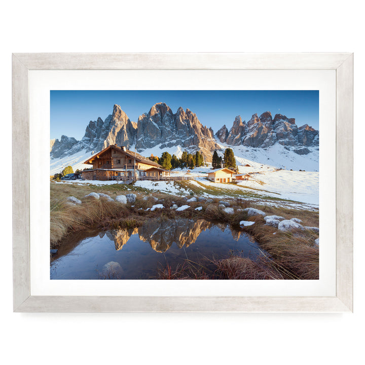 Mountain Hut, Dolomites, Italy – fine art print in a silver frame with white mat