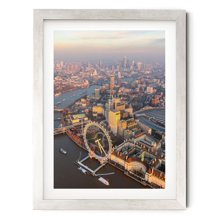 London Aerial I, England – fine art print in a silver frame with white mat