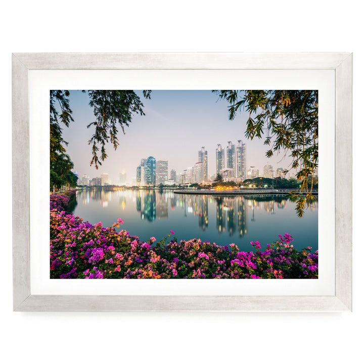 Bangkok at Night, Thailand – fine art print in a silver frame with white mat