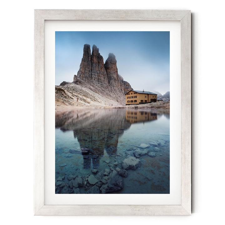 Vajolet Towers, Dolomites, Italy – fine art print in a silver frame with white mat