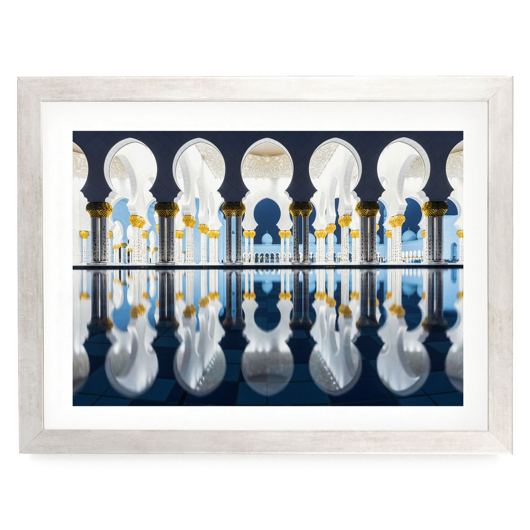 Mosque at Night, Abu Dhabi, UAE – fine art print in a silver frame with white mat