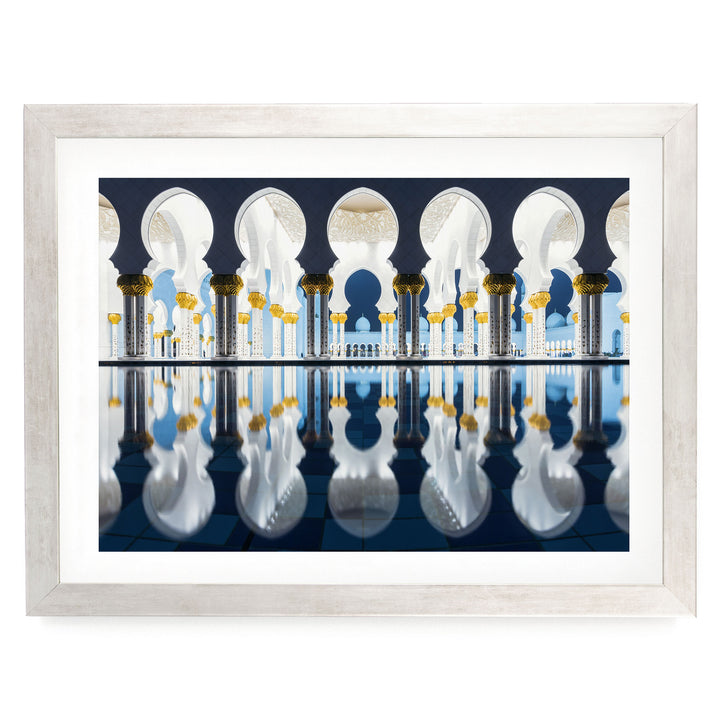 Mosque at Night, Abu Dhabi, UAE – fine art print in a silver frame with white mat