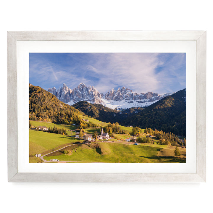 Funes Valley, Dolomites, Italy – fine art print in a silver frame with white mat