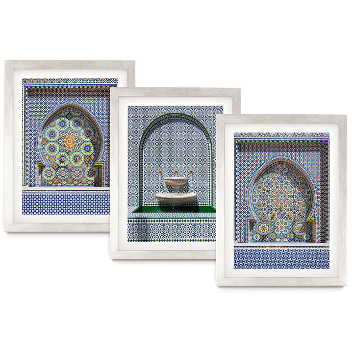 Arabic Fountains, Morocco – Print Set of 3 – fine art print set in silver frames with white mats
