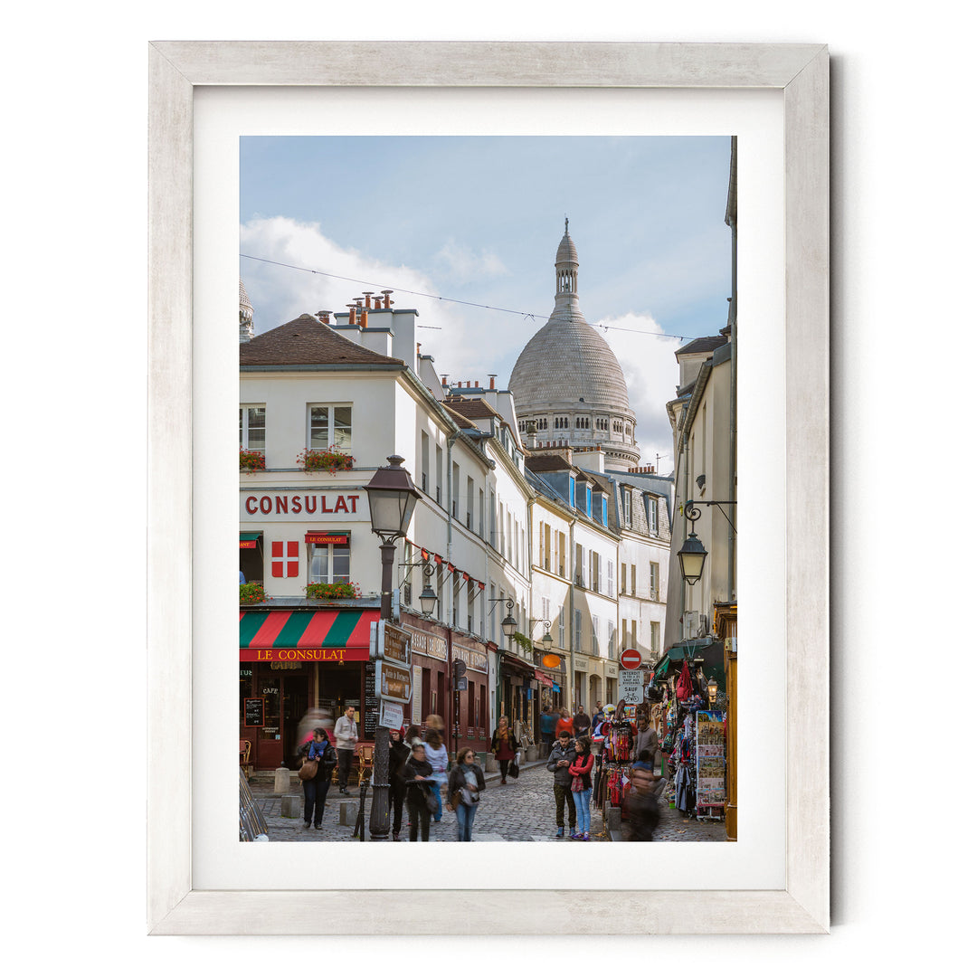 Walking in Montmartre, Paris, France – fine art print in a silver frame with white mat
